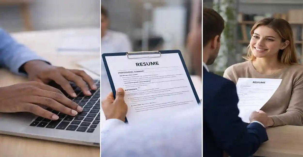 A professional resume with highlighted sections: skills, education, and hands‑on experience, alongside a hard hat and tools