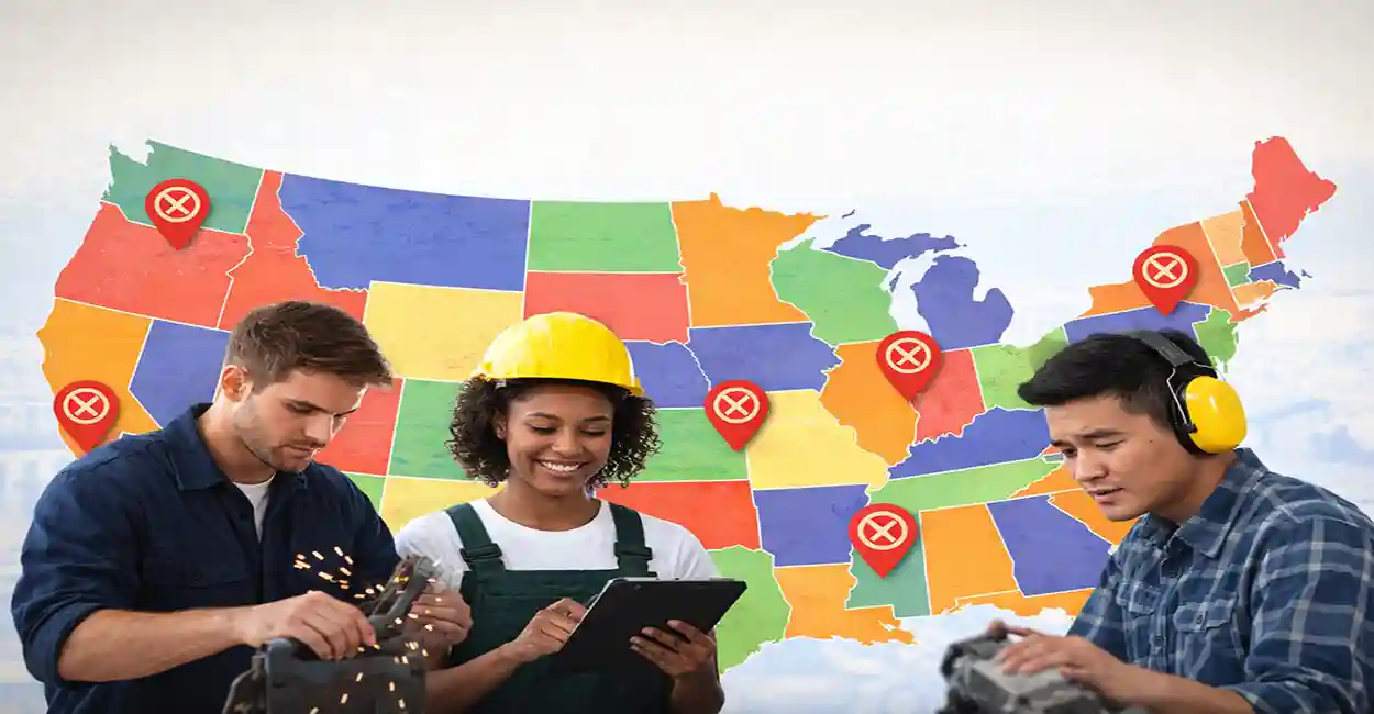 Map of the United States with location pins indicating apprenticeship opportunities, a toolbox, and a mentor shaking hands with an apprentice