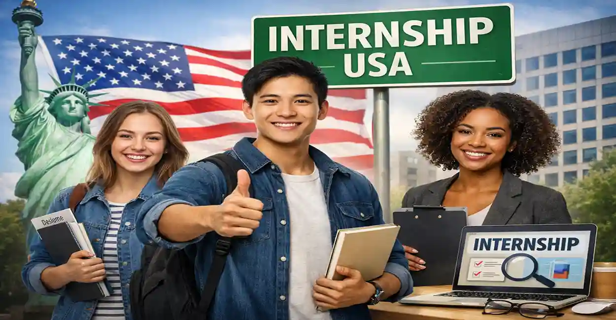 A diverse group of students in a modern office, one holding a laptop with 'Internship' on screen, mentor pointing at presentation