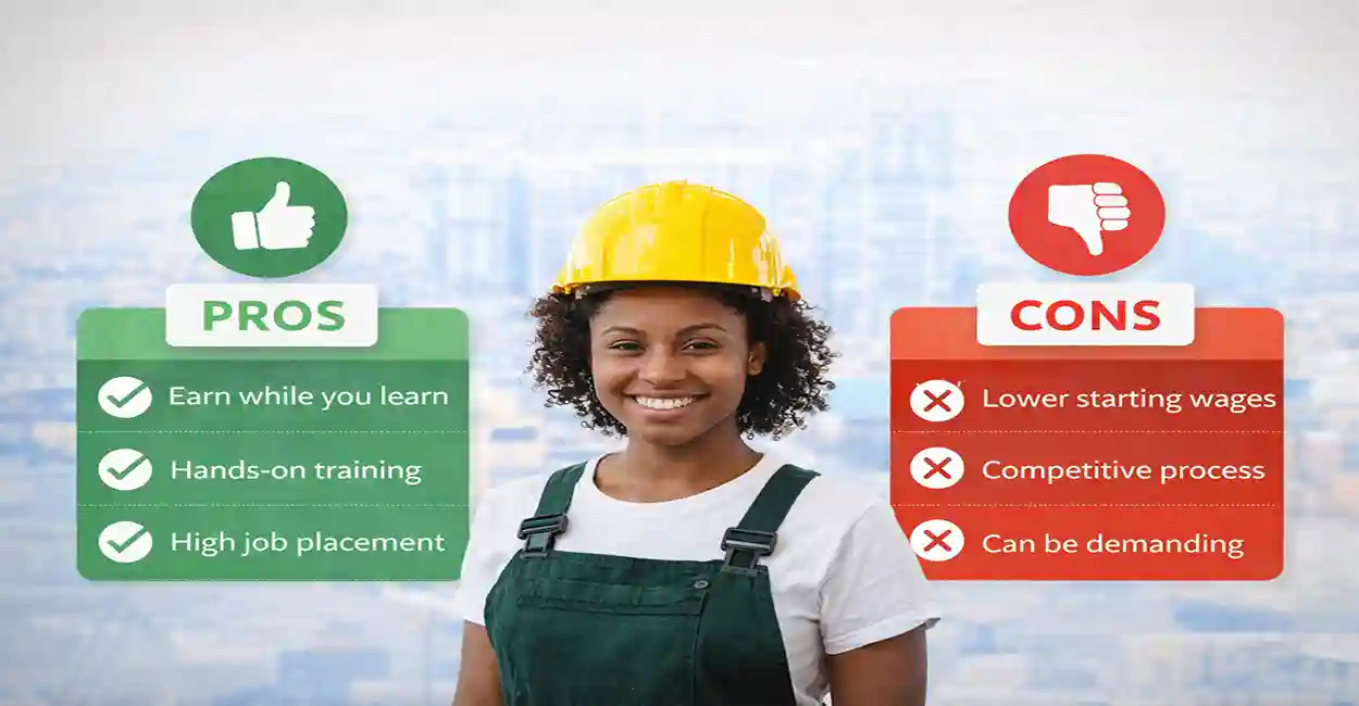 A balance scale with a college degree on one side and a hard hat with tools on the other, symbolizing the apprenticeship vs college decision