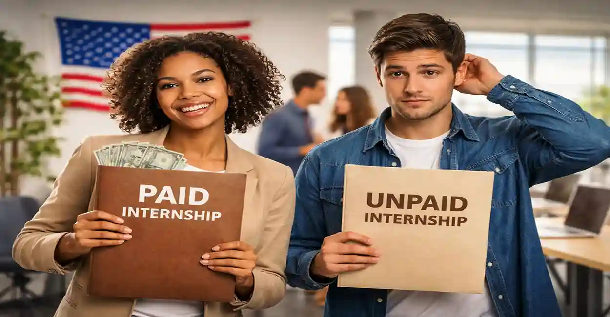 A balance scale comparing a stack of dollar bills on one side and a diploma on the other, symbolizing paid vs unpaid internships