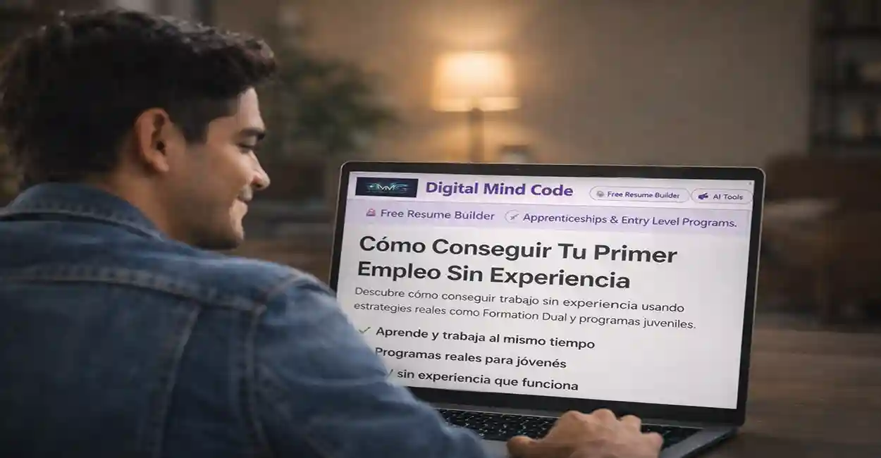 Joven celebrando su primer empleo con una laptop y diploma