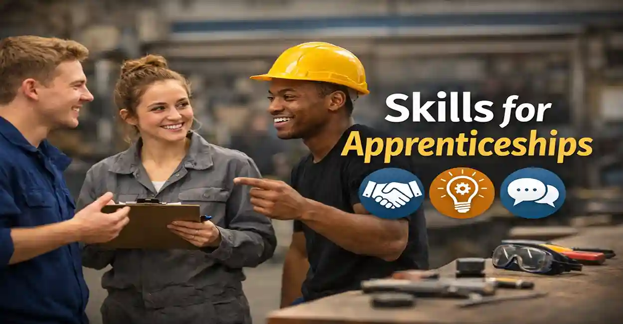 Group of apprentices in hard hats collaborating on a worksite, representing teamwork and communication skills