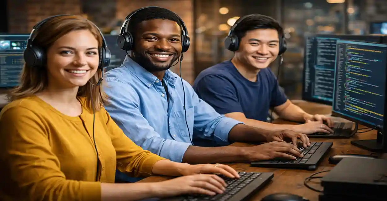 Diverse group of tech apprentices in a modern office, coding on laptops, with a 'No Degree Required' badge
