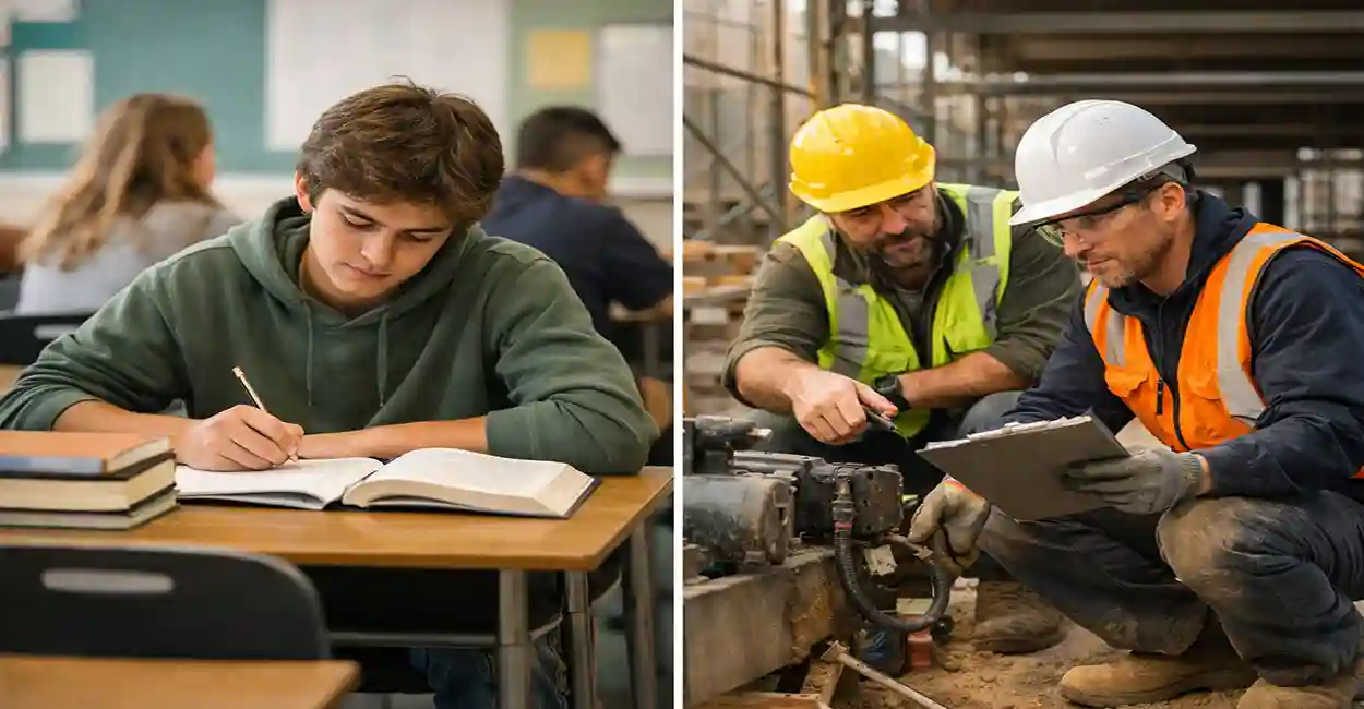 Comparison chart showing trade school vs apprenticeship earnings, debt, and career growth