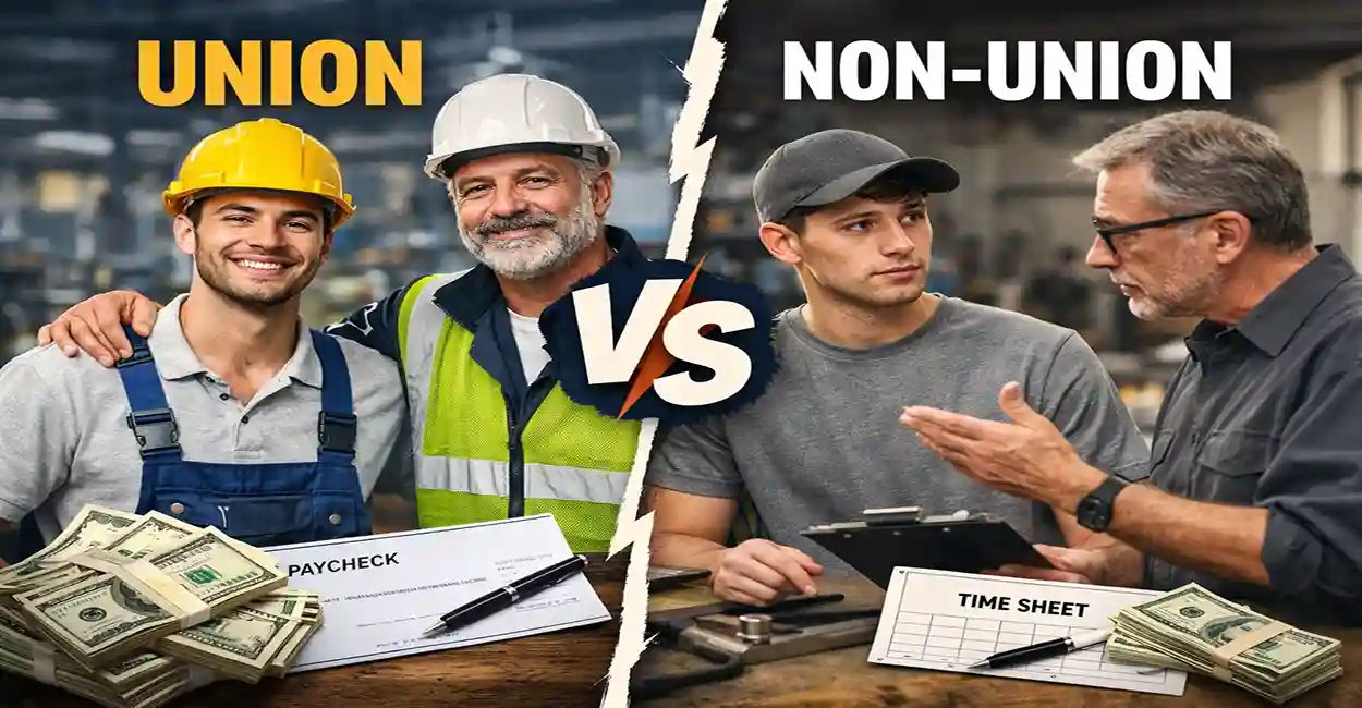 Union and non-union apprentices comparing wages and benefits on a construction site