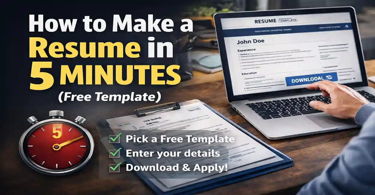 Person creating a resume quickly on laptop with a 5-minute timer showing speed and efficiency