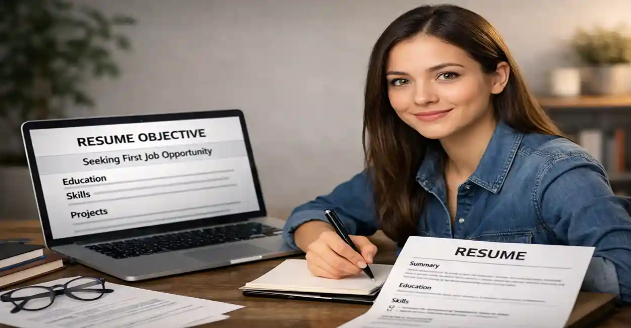 Person writing a resume objective for first job on a document with colorful sticky notes
