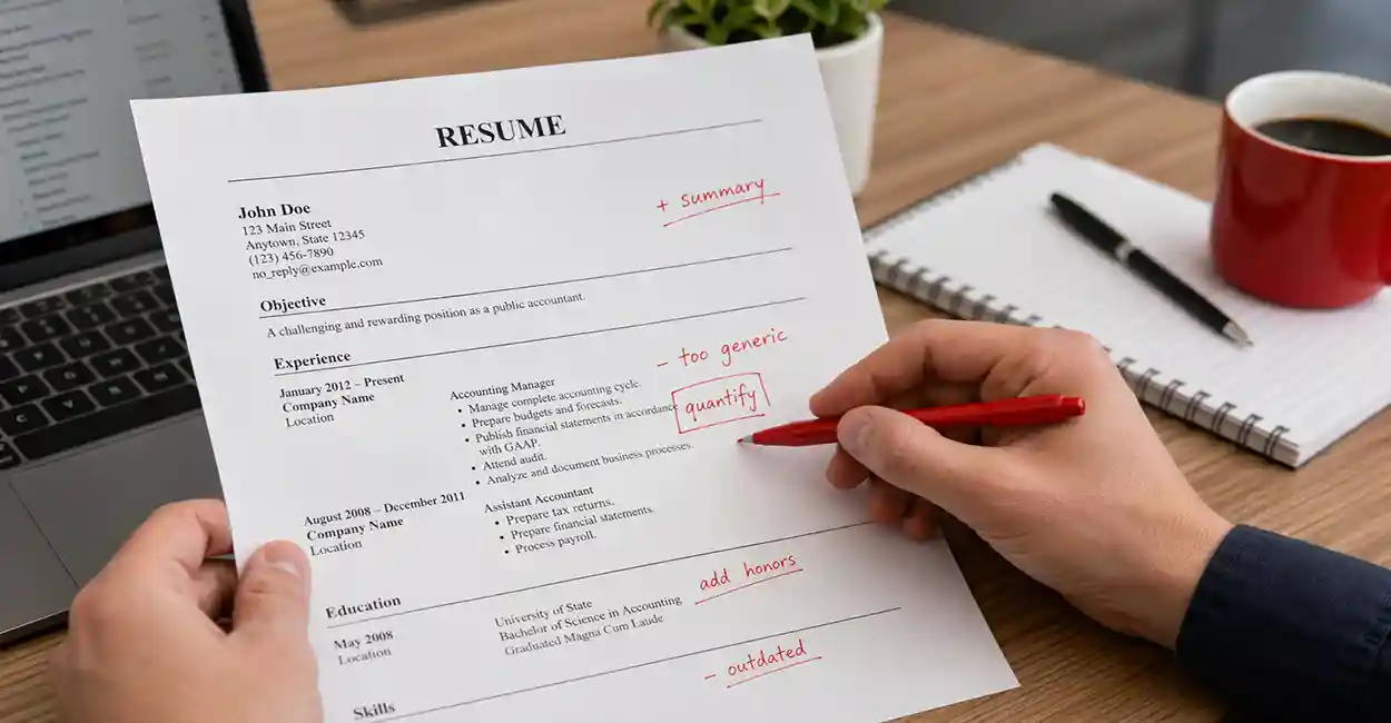 Magnifying glass over a resume highlighting small errors like typos and formatting issues - critical resume mistakes