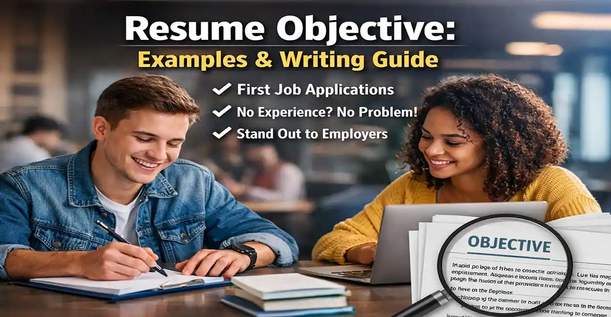 Student writing a resume objective on a document with colorful sticky notes and laptop nearby